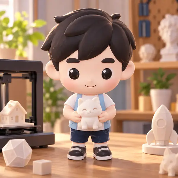 Cheerful stylized boy figurine with dark hair and large eyes
