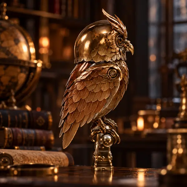 Ornate brass owl sculpture with textured feathers