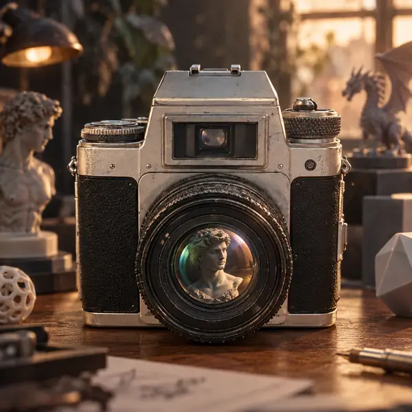 Detailed vintage camera model with a prominent round lens
