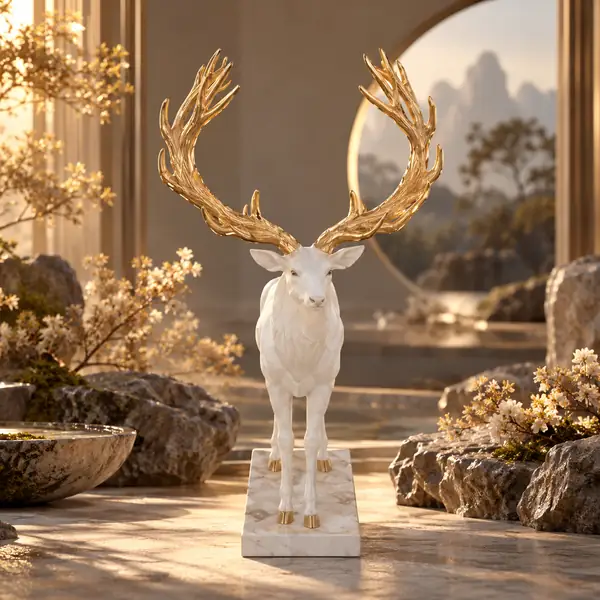 Pale deer figurine with tall branching golden antlers