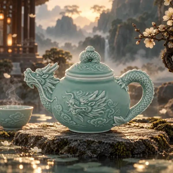 Pale turquoise ornamental teapot with a sculpted dragon handle and spout
