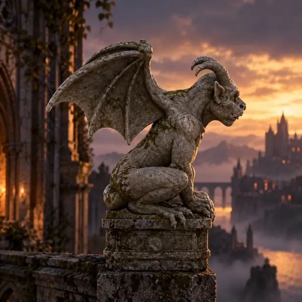 Stone gargoyle figurine crouching on a sculpted square pedestal