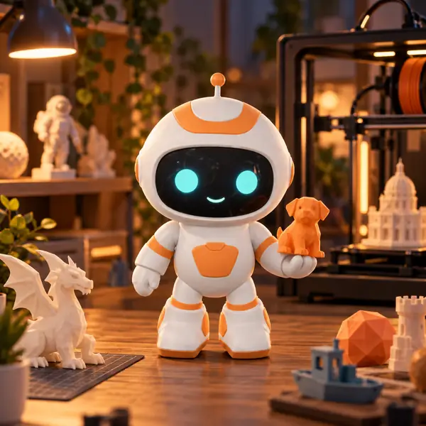 Rounded toy robot with teal eyes and orange accents