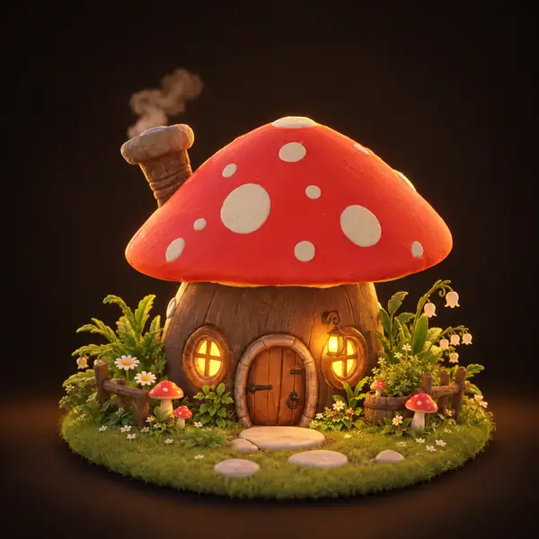 Whimsical red mushroom house with a little round door and garden