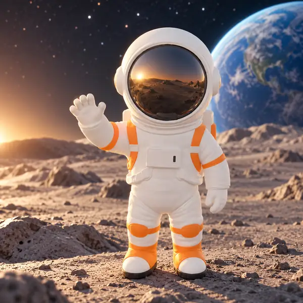 White toy astronaut standing and waving, with orange suit details