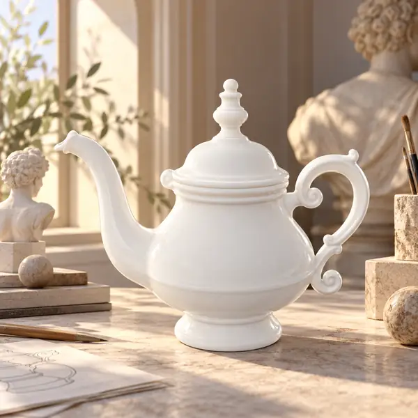 White classical teapot with a long spout and curved handle