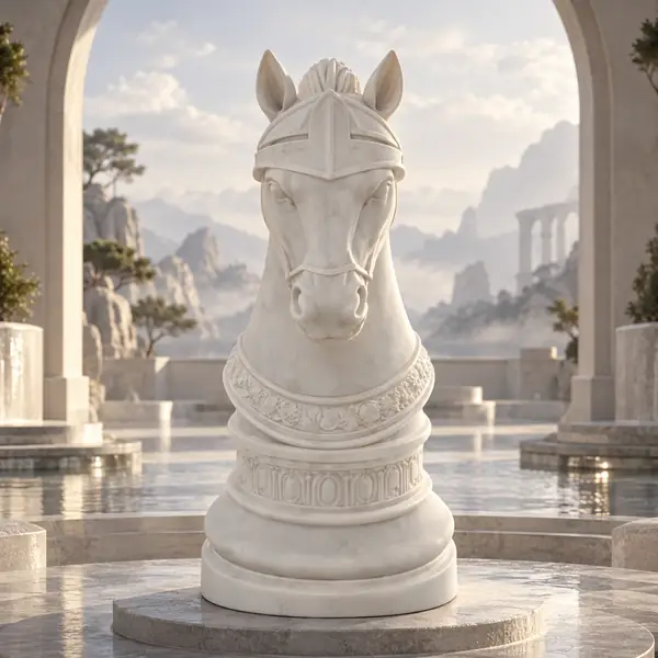 White sculpted chess knight standing on a round stepped base