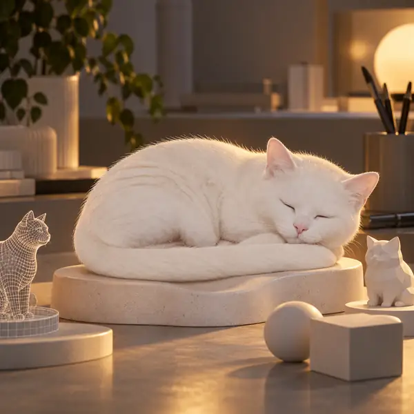 White sleeping cat curled comfortably on a low base